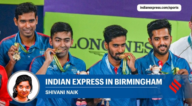 India’s Achanta Sharath Kamal, Harmeet Desai, Sanil Shetty and Sathiyan Gnanasekaran pose for photographs after winning the gold medal in the table tennis men’s team event (PTI)