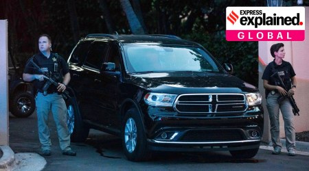 Secret Service agents stand near one of the entrances to Mar-A-Lago in Palm Beach, Fla., Monday, Aug. 8, 2022.(Andres Leiva/The Palm Beach Post via AP)