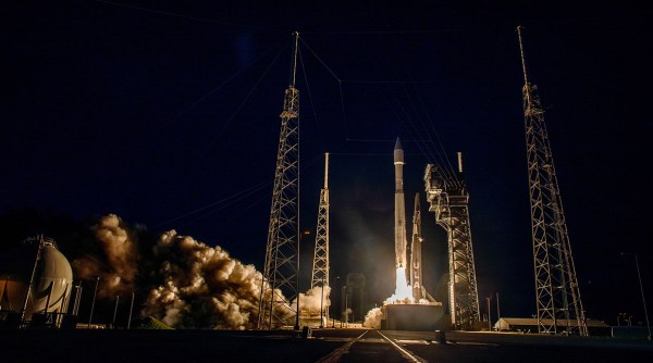 A ULA Atlas V rocket launching with a space force SBIRS geo 6 satellite