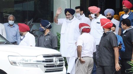 SAD President Sukhbir Singh Badal coming out of the Punjab Officers Institute building after investigation by SIT in Kotkapura firing case June 26 2021. (Express photo by Jasbir Malhi)
