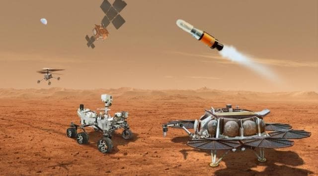 In an undated image provided by NASA/ESA/JPL-Caltech, an artist’s concept of various vehicles associated with a return of samples from Mars to Earth, including, clockwise from far left: a helicopter, a Mars-Earth return orbiter, a Mars ascent vehicle, a retrieval lander and the Perseverance rover. The first helicopter that NASA sent to Mars worked so well that it is sending two more. (NASA/ESA/JPL-Caltech via The New York Times) — FOR EDITORIAL USE ONLY. 