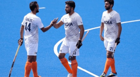Harmanpreet Singh, centre, celebrates with Lalit Kumar Upadhyay , left, and Shamsher Singh of  after they win their hockey match .(FILE)