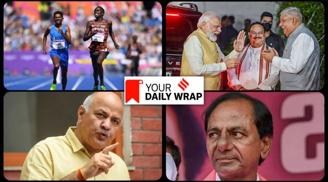 (Clockwise) Jagdeep Dhankar with Narendra Modi and JP Nadda, K Chandrashekar Rao, Manish Sisodia, and Avinash Sable.