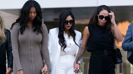 Vanessa Bryant, center, Kobe Bryant's widow, leaves a federal courthouse with her daughter, Natalia, left, and soccer player Sydney Leroux in Los Angeles, Wednesday, Aug. 24, 2022. A federal jury has found that Los Angeles County must pay Bryant's widow $16 million over photos of the NBA star's body at the site of the 2020 helicopter crash that killed him. (AP)