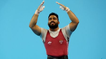 India's Vikas Thakur reacts during the final. (Reuters)