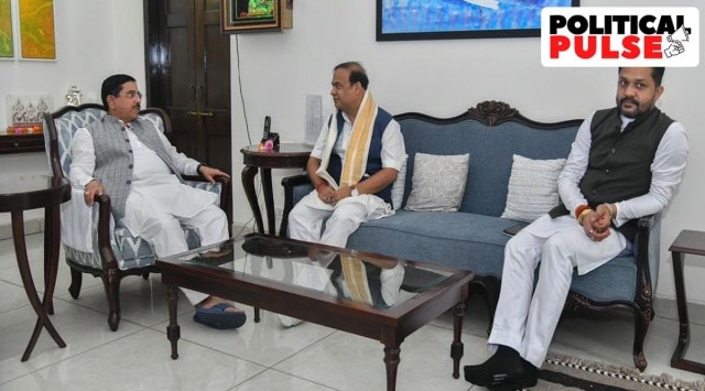 A photo tweeted by Assam government spokersperson Piyush Hazarika where Kumar Jaimangal (right) is with Himanta Biswa Sarma and Union minister Pralhad Joshi. (Source: Twitter)