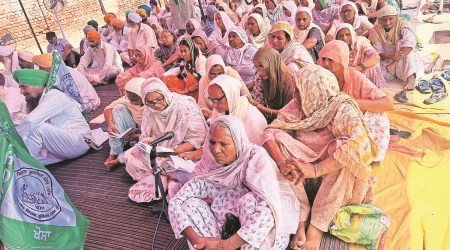 At the dharna outside the liquor factory in Zira on Wednesday (Express)