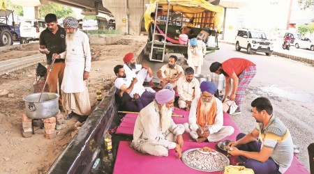 The pakka dharna site in Ludhiana on Thursday (Express)