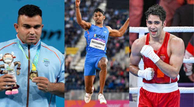 (from left) Sudhir win India's first ever Para-Powerlifting gold in the CWG; M Sreeshankar bags a historic silver in men's lomg jump; Rohit Tokas reacts after winning the match. (AP & PTI)