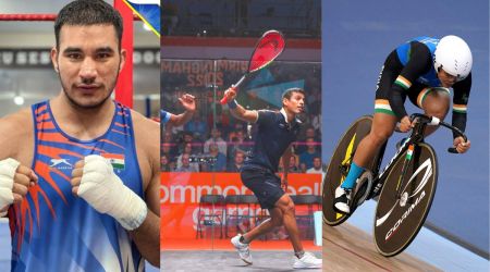 (from left) Boxer Sagar Ahlawat storms into quarterfinals; India's Saurav Ghosal in action; Mayuri Lute in action during the Women's 500m Time Trial Final at Lee Valley VeloPark. (Photos: SAI, PTI & AP)