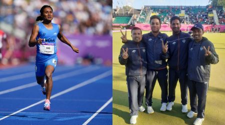 Hima Das of India races in her heat of the women's 200 meter; Indian team (L-R) Sunil Bahadur, Navneet Singh, Chandan Kumar & Dinesh Kumar defeated England in the semis. (AP & SAI Media)