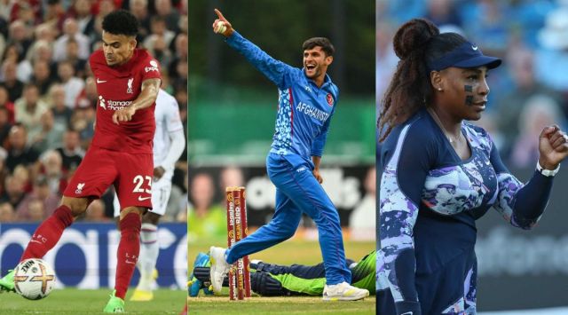 (Left to right) Luis Diaz taking a shot against Crystal Palace, Naveen-ul-Haq celebrating a wicket vs Ireland and Serena Williams. (Photos: premierleague and  ACBofficials on Twitter and AP)