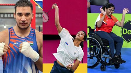 (L-R) Boxer Sagar Ahalwat will fight for gold in the 92 kg, PV Sindhu in action during her quarters match, Bhavina Patel reacts after winning her gold medal match. (Photos: BFI & PTI)