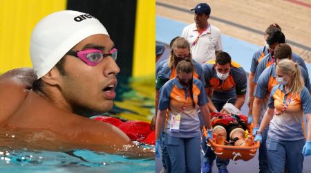 Srihari Natraj reacts after competing in the Men's 50m Backstroke semifinal; India's Meenakshi Meenakshi is stretchered away after crashing during the Women's Keirin Finals 1-6 at Lee Valley VeloPark on day four of the 2022 Commonwealth Games. (Photos: AP/PTI)