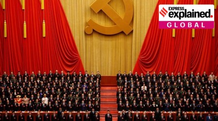 Chinese President Xi Jinping, front row center, stands with his cadres during the Communist song at the closing ceremony for the 19th Party Congress at the Great Hall of the People in Beijing on Oct. 24, 2017. (AP)