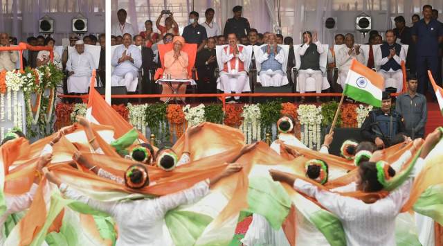 Artists perform during a cultural programme in the presence of UP CM Yogi Adityanath and Deputy CMs Keshav Prasad Maurya and Brajesh Pathak on the occasion of 76th Independence Day, at the Vidhan Bhawan in Lucknow, Monday, Aug. 15, 2022. (PTI Photo)