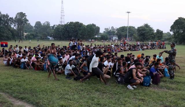 Candidates during the physical test at the First  Army Agniveer Recruitment Rally in  Ludhiana on Friday. Express Photo by Gurmeet Singh