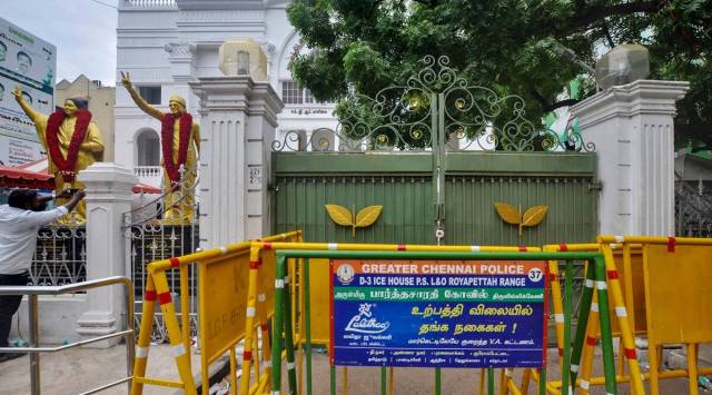 AIADMK office being sealed after two groups of suspected AIADMK workers clashed outside the party headquarters in Chennai, Monday, July 11, 2022. (PTI Photo)
