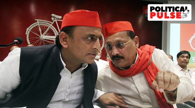 Samajwadi Party President Akhilesh Yadav and Ramakant Yadav at the party office in Lucknow. (File/ANI)