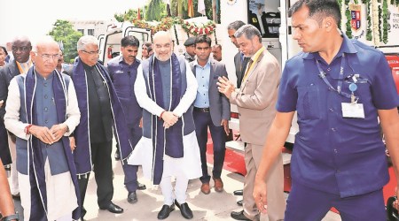 Union Home Minister Amit Shah at the National Forensic Sciences Univresity in Gandhinagar on Sunday. (Express Photo)