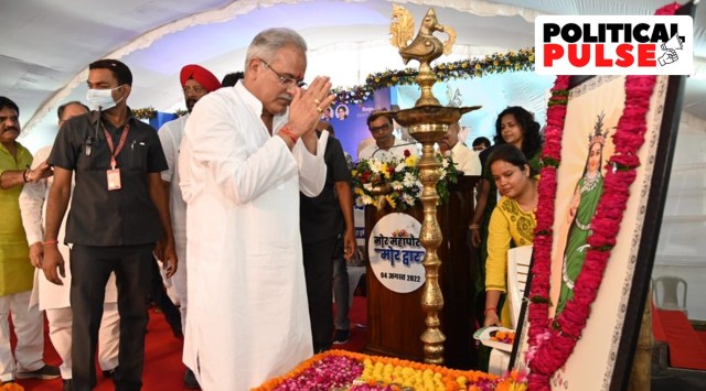 CM Bhupesh Baghel bows in front of an image of Chhattisgarh Mahatari at a recent event. (Twitter)