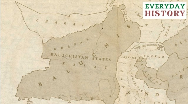 The Baluchistan region of British India, including the British Baluchistan province, the Khanate of Kalat and its subsidiary states. (National Geographic, 1946 via Wikipedia)

