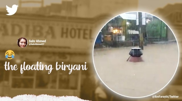 Biryani utensils float hyderabad, hyderabad rains biryani floats, Biryani deg floats on road in Hyderabad, viral video floating biryani, Indian Express