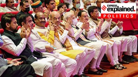 Prime Minister Narendra Modi along with BJP National President JP Nadda, Union Ministers Amit Shah, Nitin Gadkari, Anurag Thakur and others at Parliament House Complex in New Delhi. (PTI Photo)