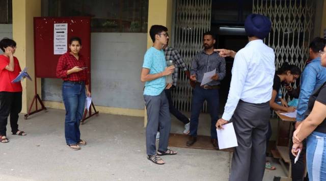 Students seen at the CUET exam centre. (Express Photo)