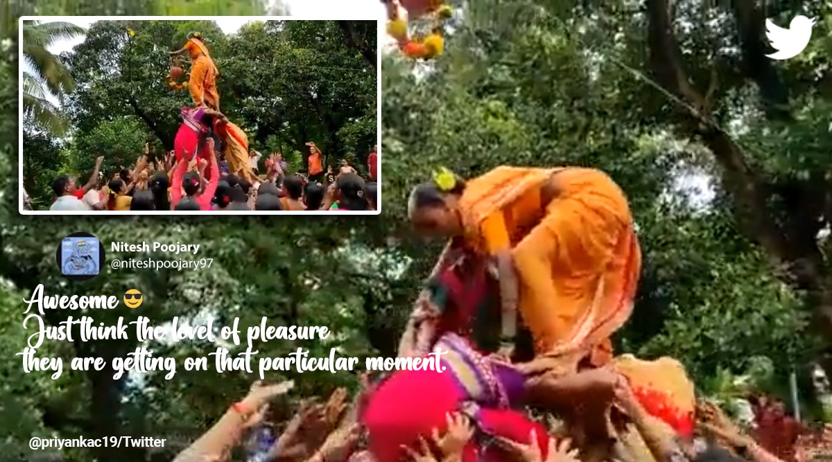 Priyanka Chaturvedi, Priyanka Chaturvedi Dahi Handi, Old woman breaks Dahi Handi on head, Viral video old woman breaks Dahi handi, Dahi handi video 2022, Indian Express