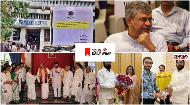(Clockwise) The Herald House on Wednesday,y Ashwini Vaishnaw,Mamata Banerjee with newly inducted ministers, Eknath shinde with Smita Thackeray and Nihar Thackeray.