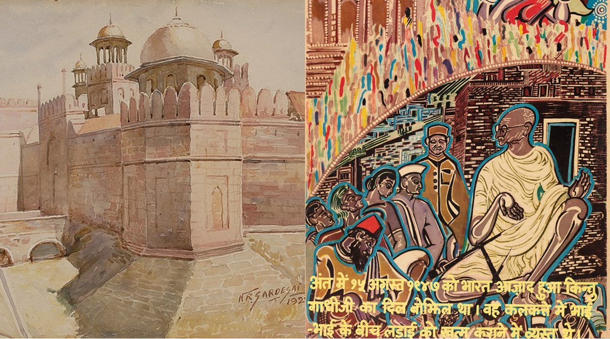 N. R. Sardesai, Lahore Gate, Red Fort, Delhi, 1929, Unidentified artist Gandhi poster, c. 1960 (Source: DAG)
