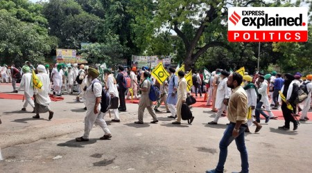 Farmers arrived at Delhi's Jantar Mantar on Monday morning, following a call by some farm unions to protest against unemployment. (Express photo by Abhinaya Harigovind)