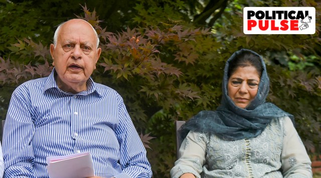 National Conference President Farooq Abdullah with PDP chief Mehbooba Mufti addresses the media after an all-party meeting, in Srinagar, Aug. 22, 2022. (PTI)