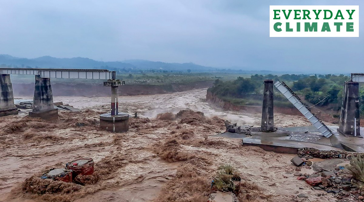 Collapsed portion of railway bridge over the Chakki river after flash flood triggered by heavy monsoon rains, in Dharamshala, Saturday, Aug. 20, 2022. (PTI Photo)
