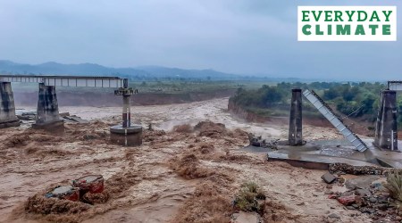Collapsed portion of railway bridge over the Chakki river after flash flood triggered by heavy monsoon rains, in Dharamshala, Saturday, Aug. 20, 2022. (PTI Photo)
