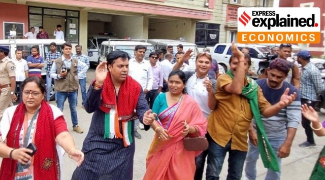 Vadodara Congress workers protest in front of collector’s office against the imposition of GST on garba events. (Express Photo)
