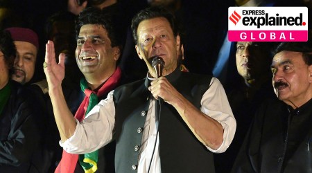 Pakistan's former Prime Minister Imran Khan, center, addresses during an anti-government rally in Islamabad, Pakistan, Saturday, Aug. 20, 2022. (AP Photo/W.K. Yousafzai)