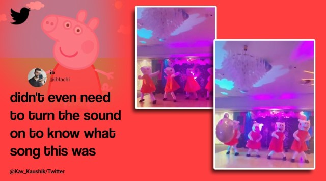 Peppa the pig kala chashma, Viral videos group dressed as Peppa pig dances on kala chasma, Dancers in Peppa the pig costume dance on Bollywood, Viral video Peppa pig Bollywood dance, kala chashma peppa pig crossover, Indian express