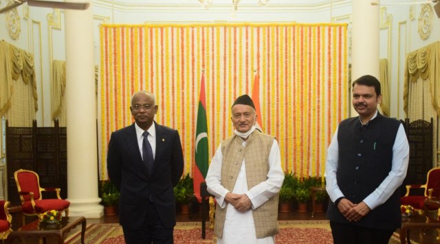 Maldives President Ibrahim Mohamed Solih with Maharashtra governor Bhagat Singh Koshyari and Deputy CM Devendra Fadnavis.