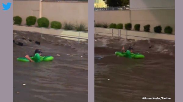 Man floats on Las Vegas streets on pool flat, Las Vegas floods video, Funny las vegas floods video, Las vegas floods 2022, Man swims through Vegas floods, Indian Express