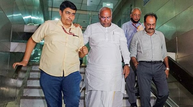 Senior Congress leader Mallikarjun Kharge leaves Young Indian (YI) office, the holding company of Congress-owned newspaper National Herald, in New Delhi, Thursday, Aug. 4, 2022. (PTI Photo)