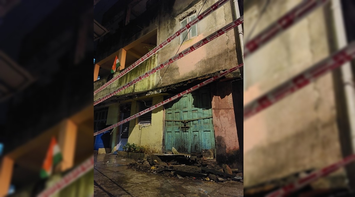 A part of the first floor roof of the ground plus two-storey private residential building Moti Chhaya collapsed on Monday at 7.46 pm. (Express photo)
