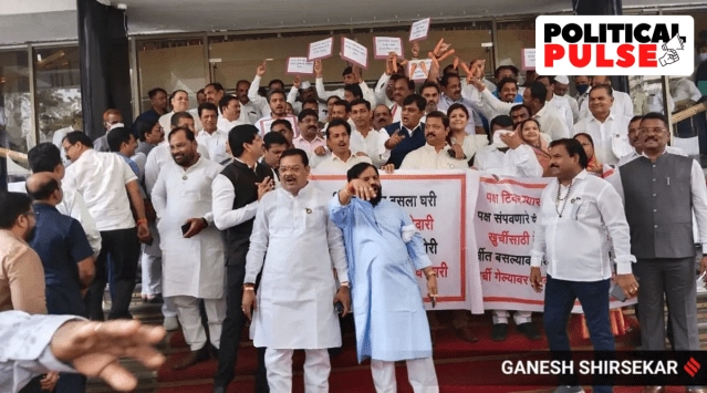 MLAs protest outside the Maharashtra legislative Assembly in Mumbai.(Express Photo)