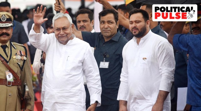 Bihar CM Nitish Kumar with his deputy Tejashwi Yadav in Patna on Monday. (PTI Photo(