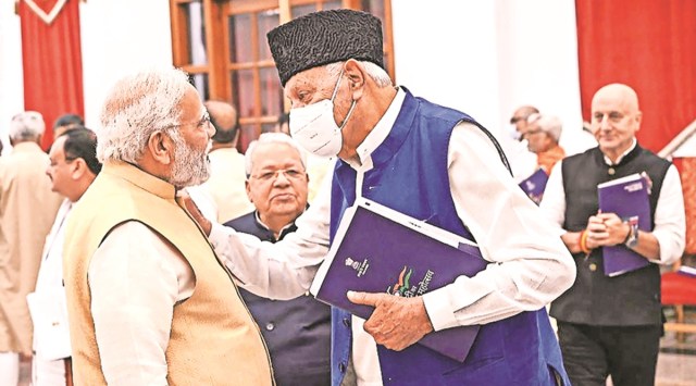 Prime Minister Narendra Modi with JKNC president Farooq Abdullah in New Delhi on Saturday. (PTI Photo)