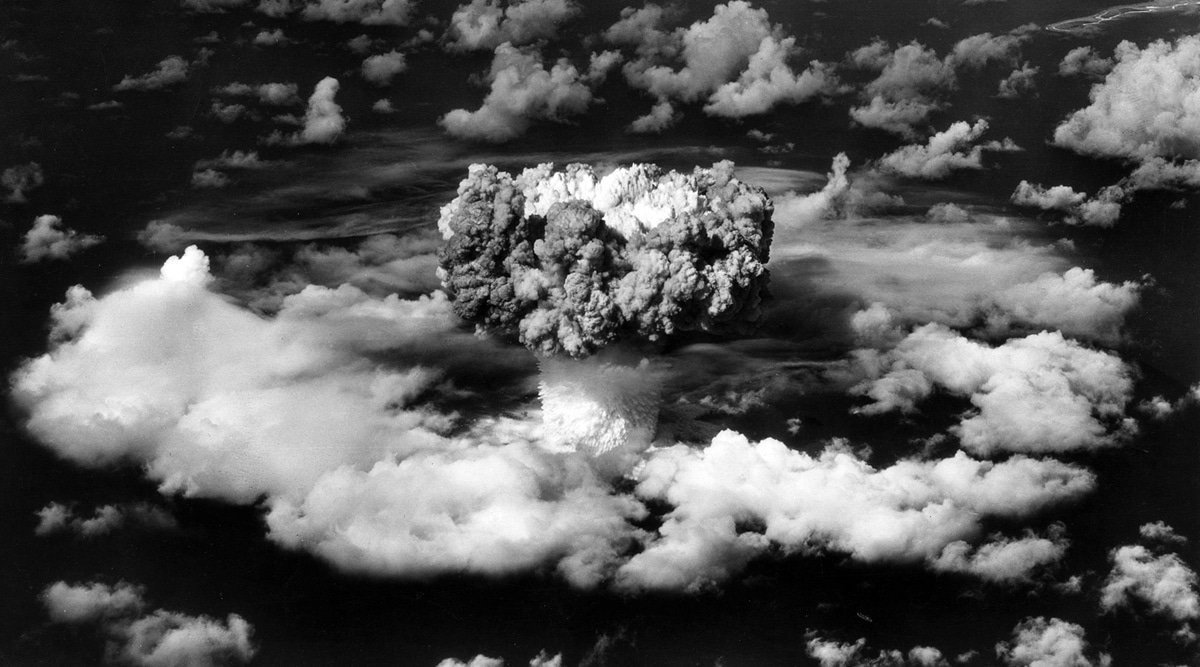 A mushroom cloud rises from the underwater atom bomb test 'Baker'. Image taken from an AAF airplane, 1946. (Photographer: Hulton Archive/Getty Images)