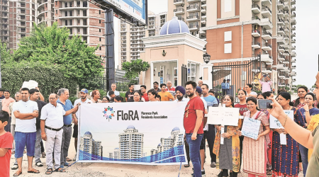 The residents during the protest in Mohali on Sunday. (Express photo)