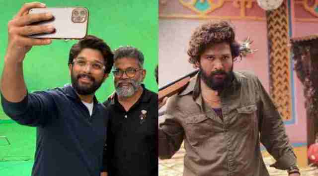 (left) Allu Arjun and Sukumar on the sets of an ad film. (right) A still from Pushpa: The Rise. (Photo Twitter/RathnaveluDop and Amazon Prime Video)