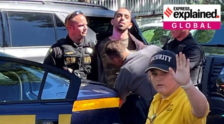 Law enforcement officers detain Hadi Matar, 24, of Fairview, N.J., outside the Chautauqua Institution, Friday, Aug. 12, 2022, in Chautauqua, N.Y. (AP/PTI)